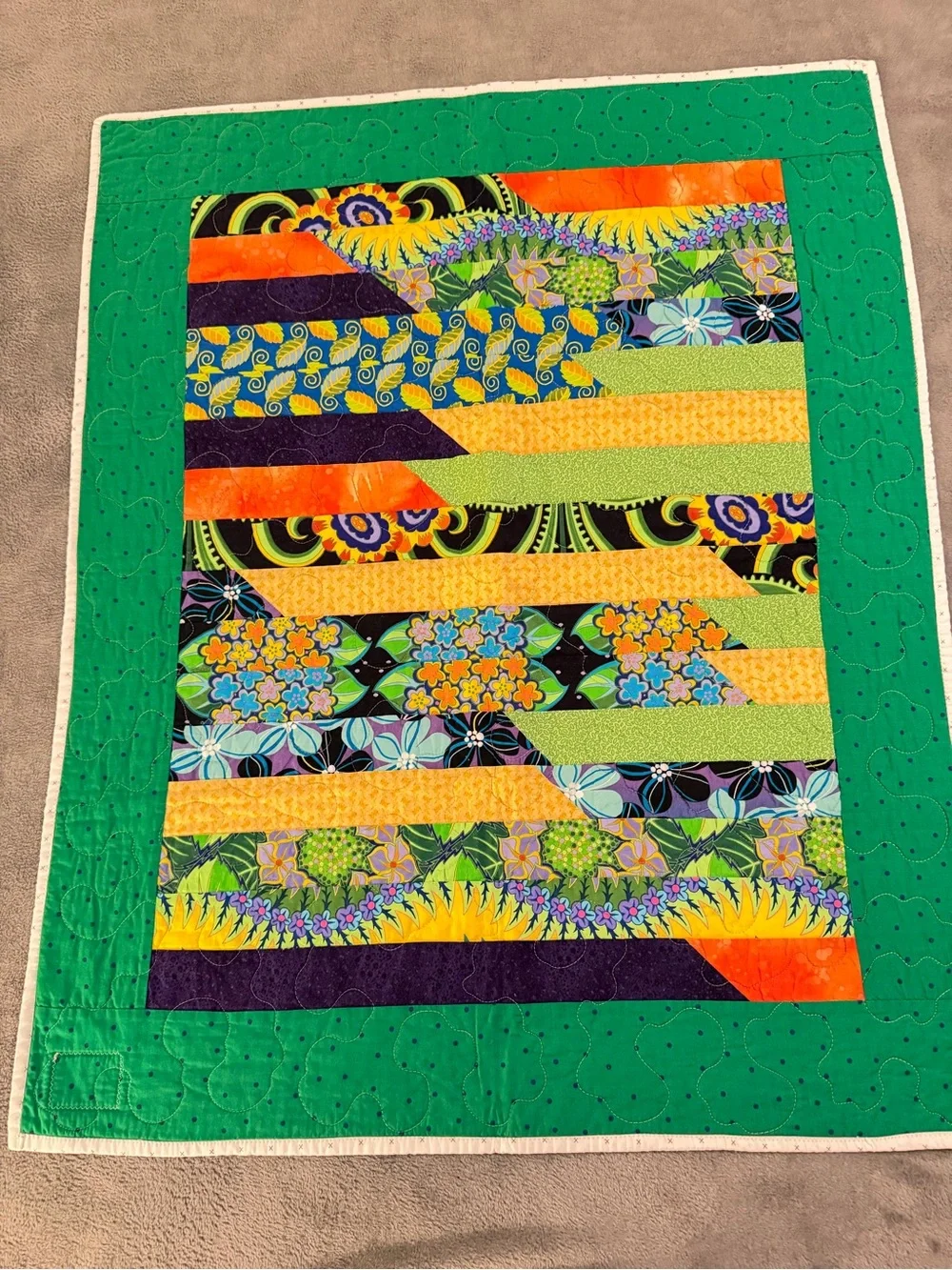 Handmade Bright Patchwork lap Quilt, wall hanging or bed accent. 29 x 37 inches.